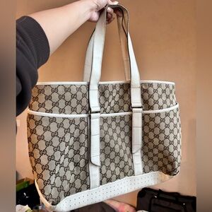 Gucci Beige Brown and White Monogram Tote